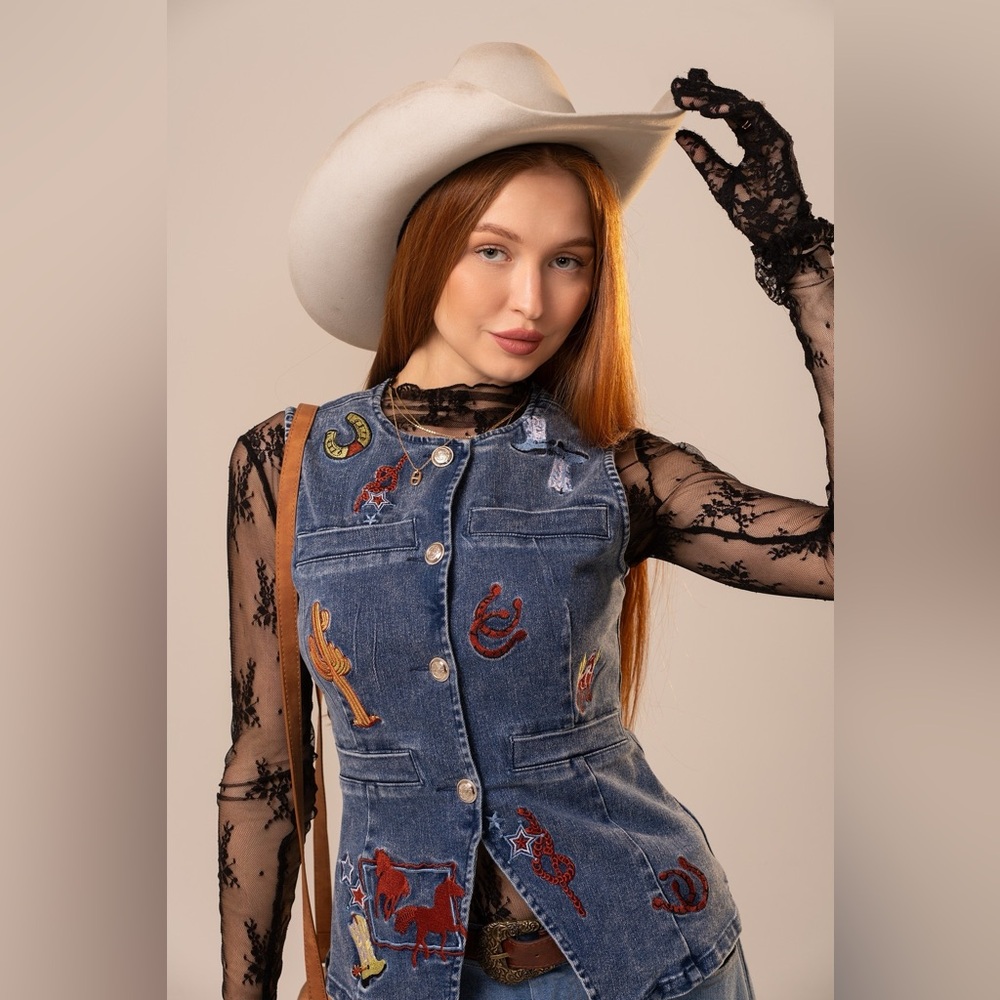 Western Embroidered Denim Vest Top - Blue B